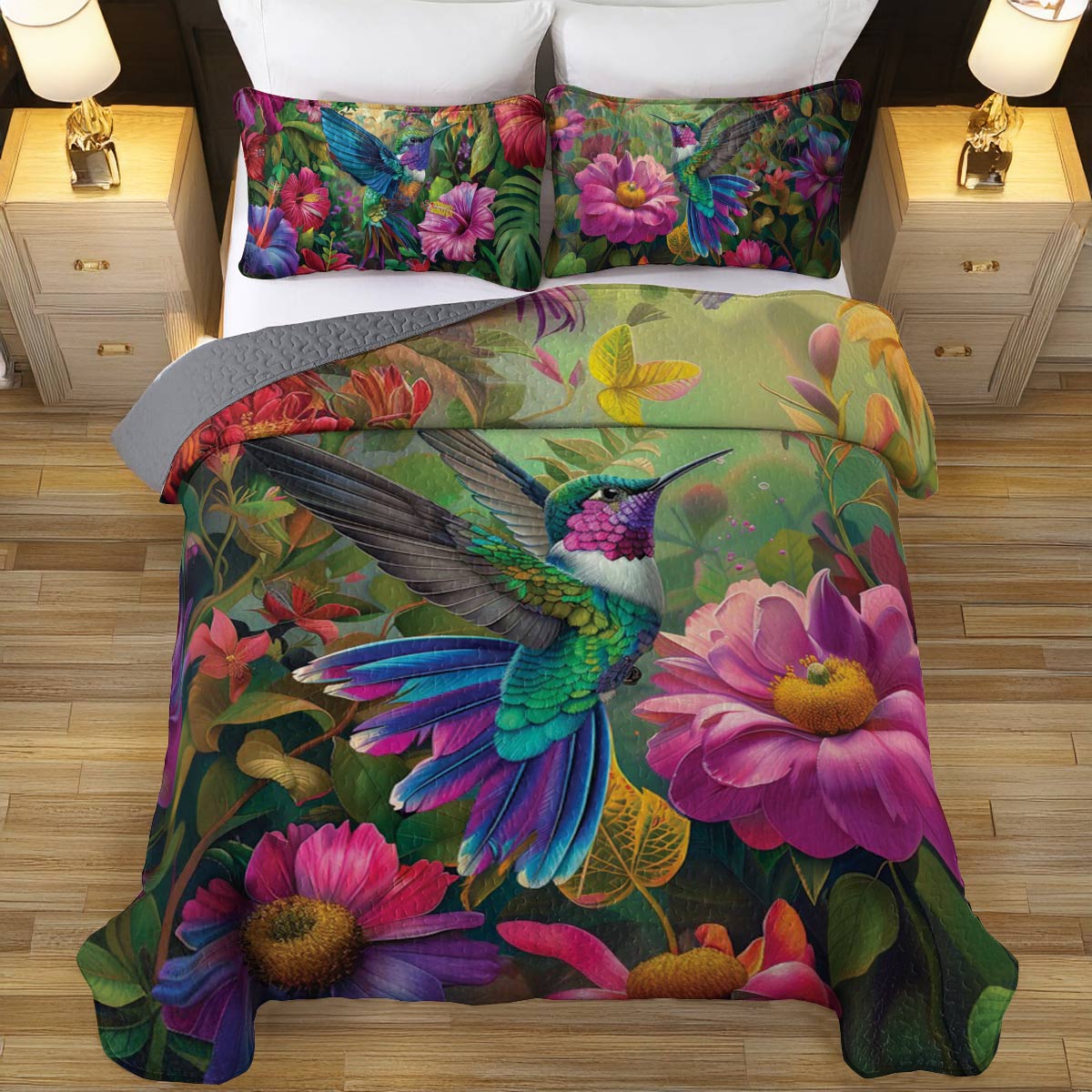 Shineful All Season Quilt 3-Piece Set Floral Hummingbird