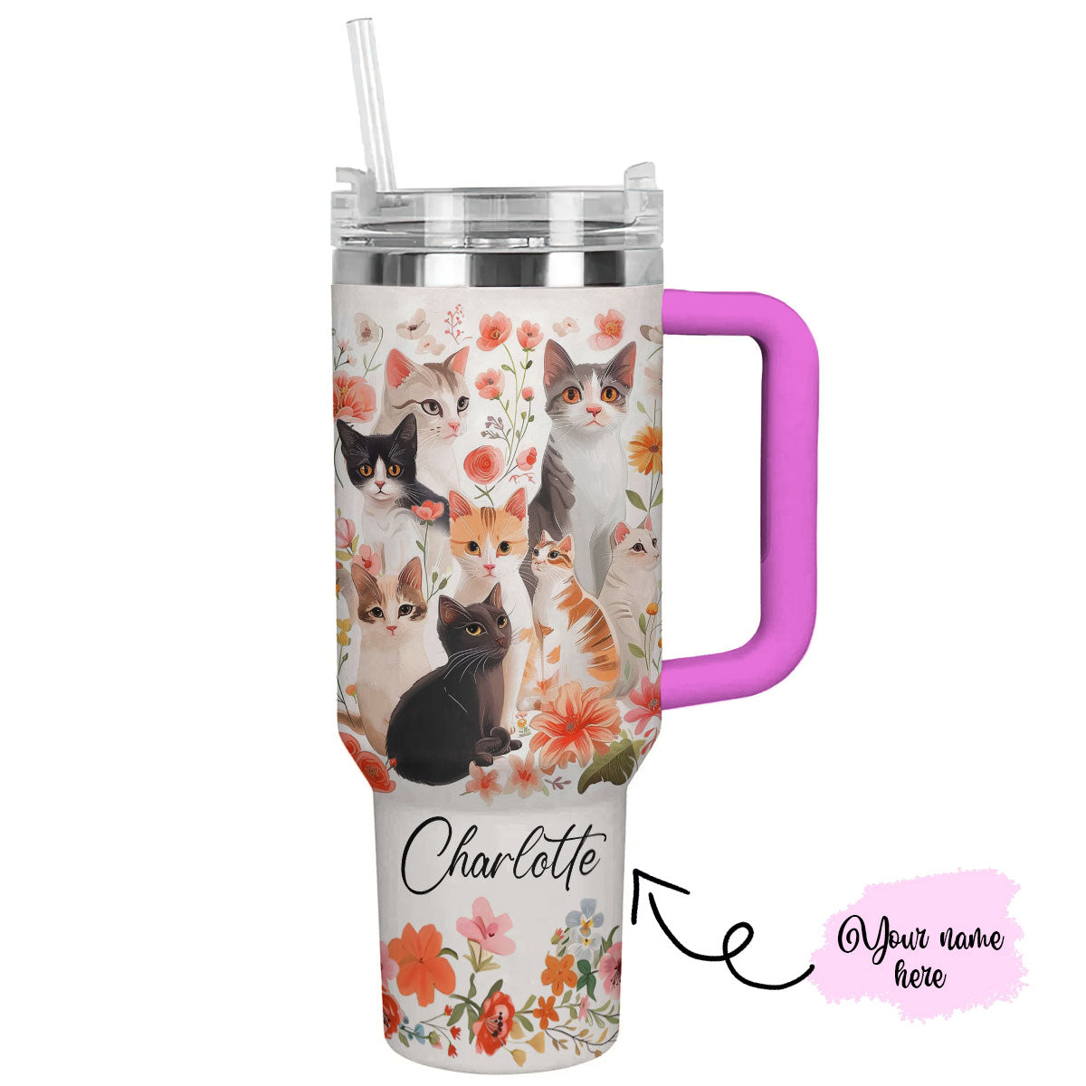 Cat 40 Oz Personalized Shineful™ Tumbler Floral Cats Lk8 Hot Pink 40Oz