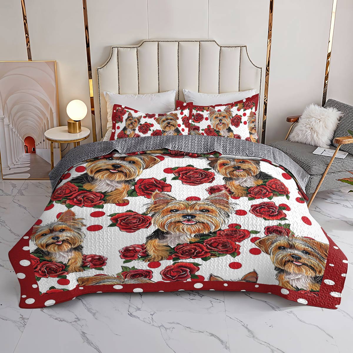 Shineful All Season Quilt 3-Piece Set Rose Yorkie Ver2