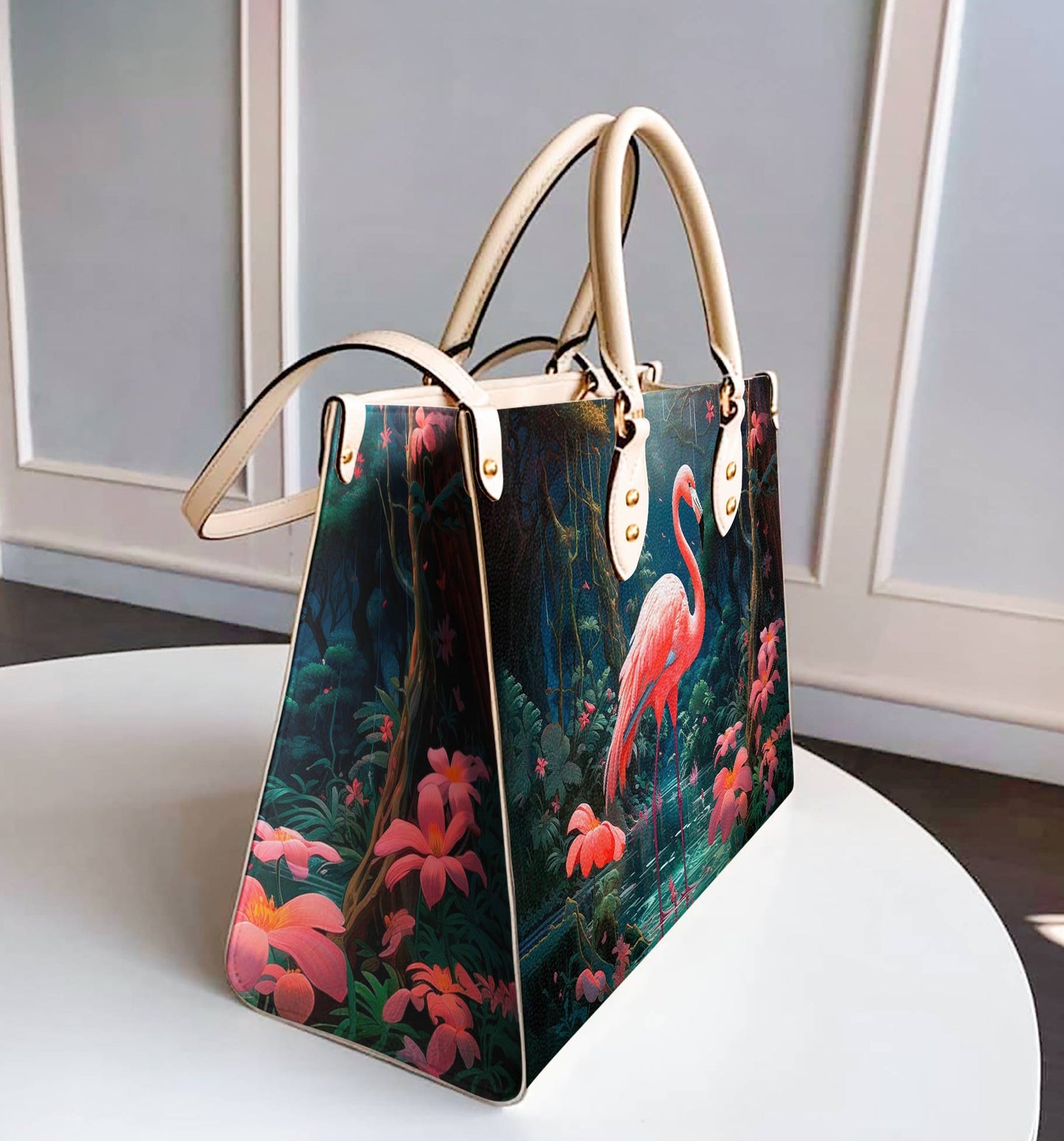 Shineful Leather Bag Flamingo with Hibiscus