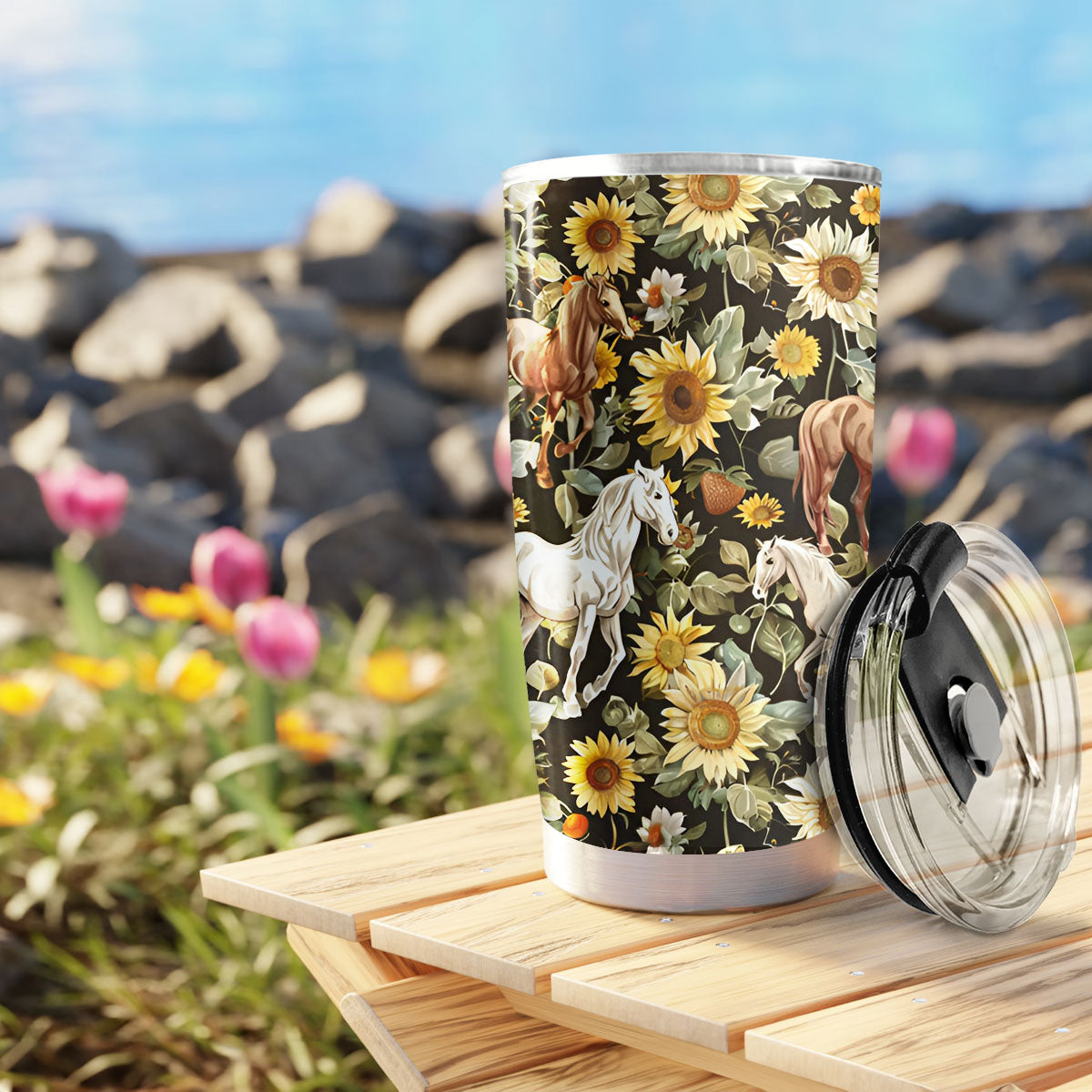 Glänzender 20oz Becher mit Sonnenblumenpferden