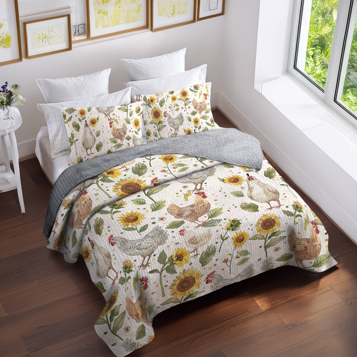 Shineful All Season Quilt 3-Piece Set Sunflower Chickens