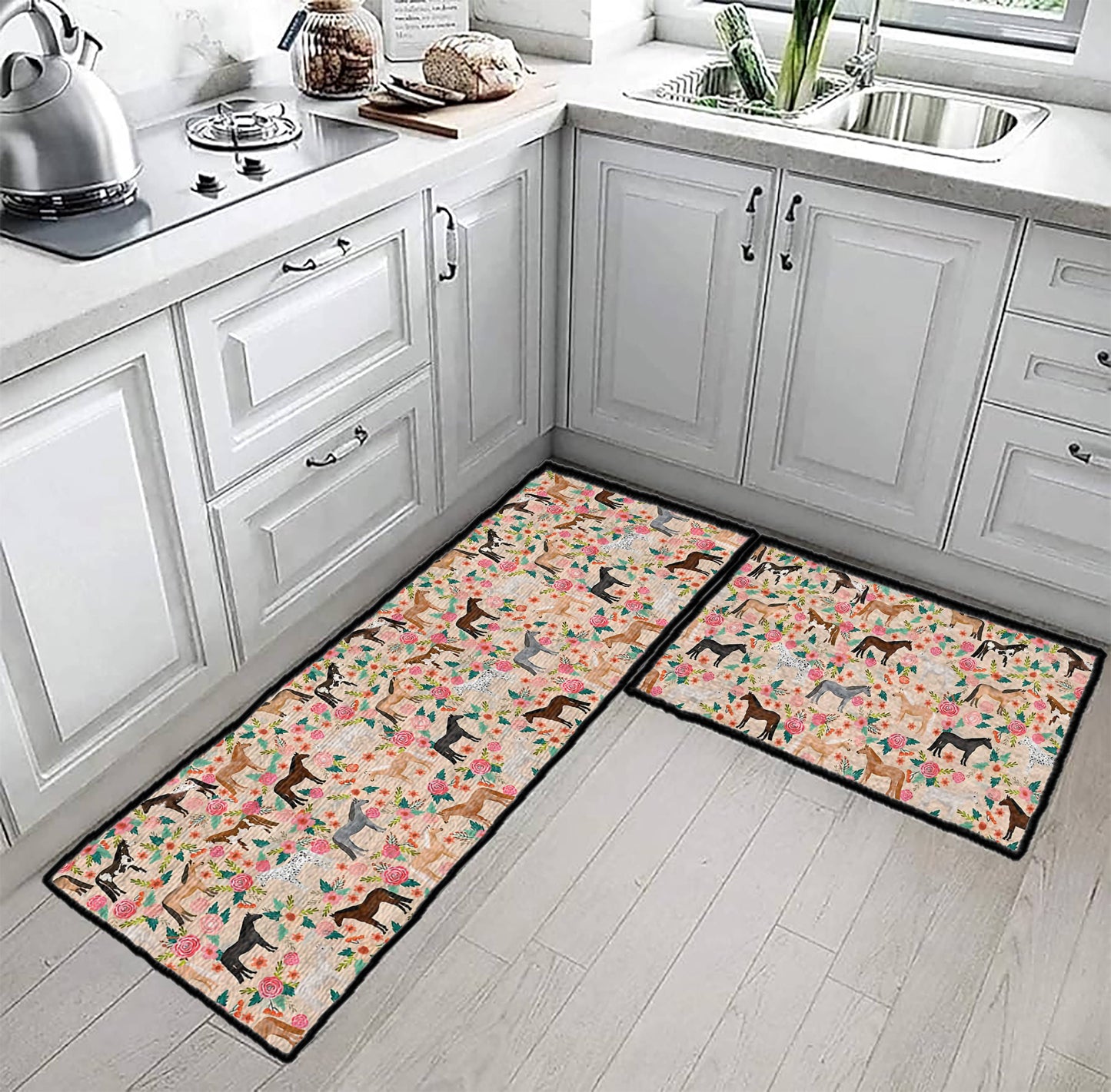 Tapis de sol antidérapant ultra fin Shineful, tapis de cuisine, chevaux floraux Ver2