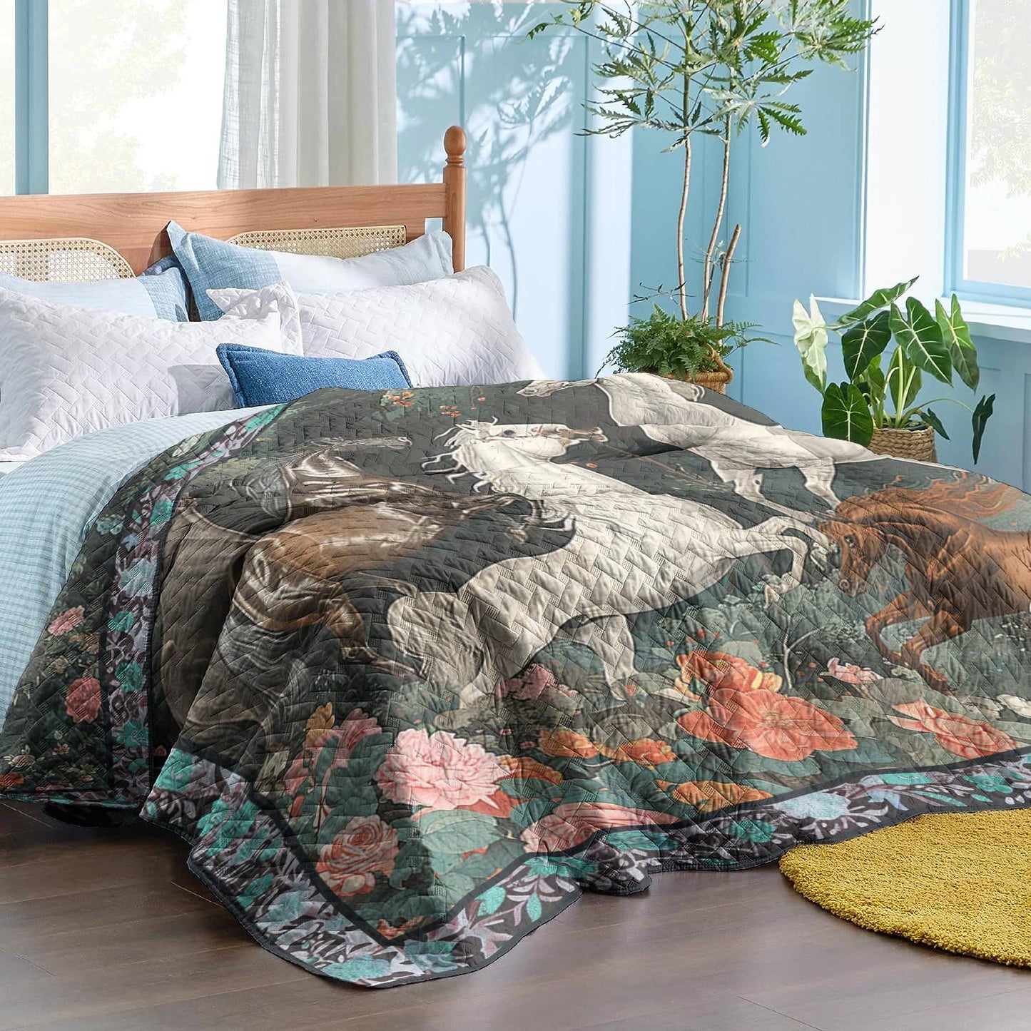 Shineful All Season Faux Quilt Floral Horses