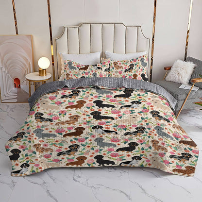 Shineful All Season Quilt 3-Piece Set Floral Dachshunds Ver3