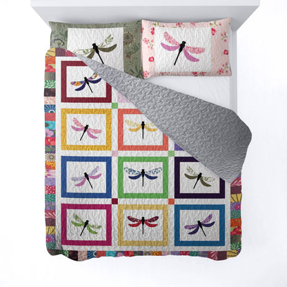 Shineful All Season Quilt 3-Piece Set Colorful Dragonflies