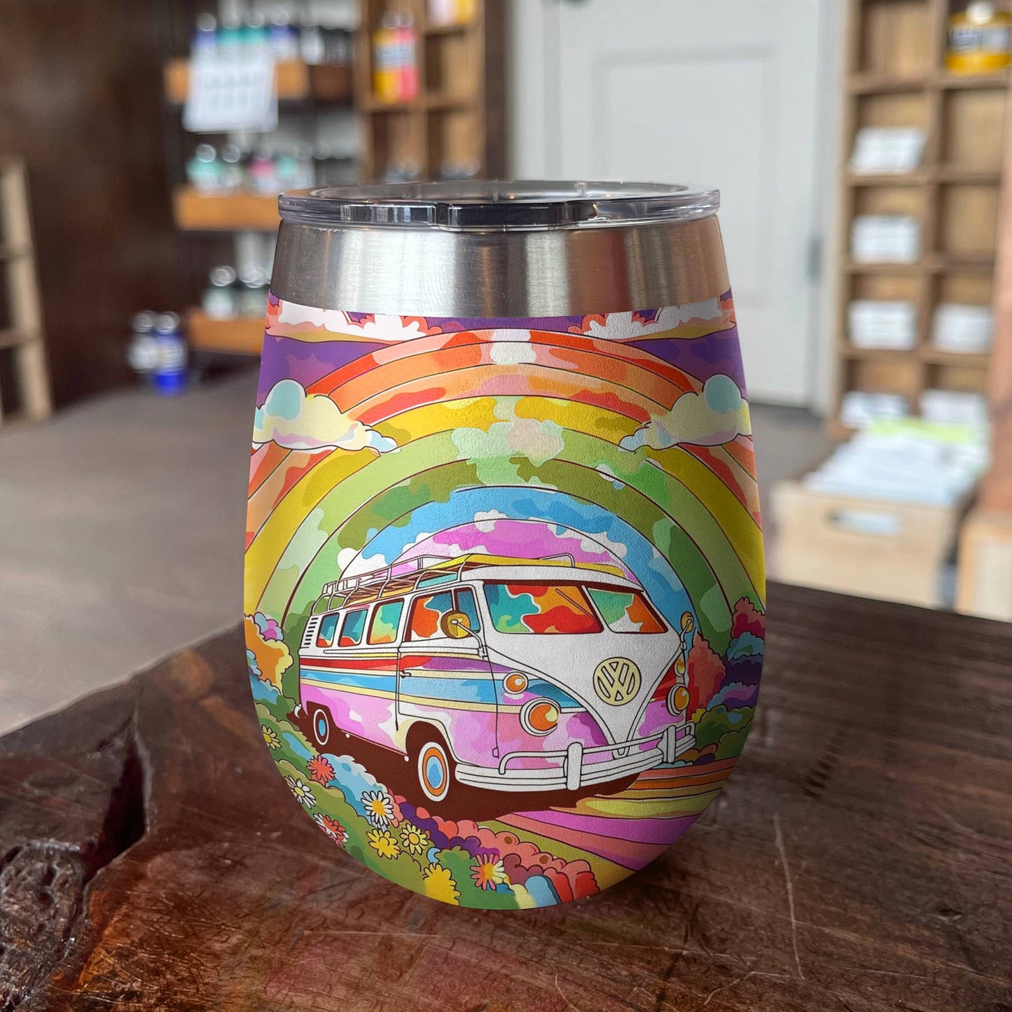 Shineful Wine Tumbler Rainbow Hippie Van