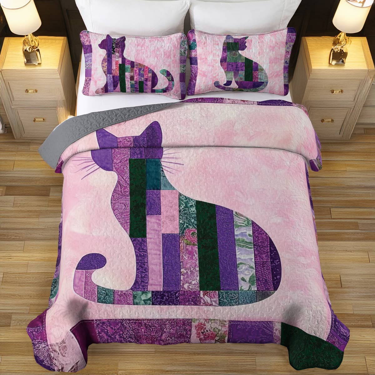 Shineful All Season Quilt 3-Piece Set Purple Cat