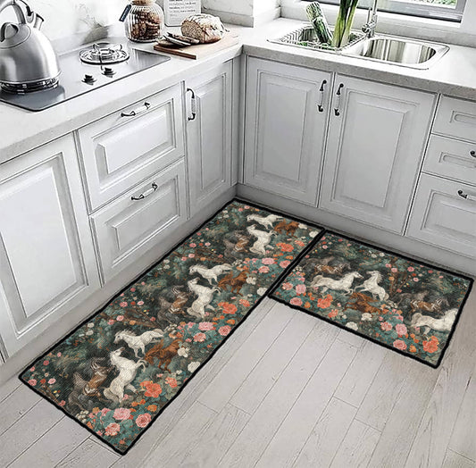 Tapis de sol antidérapant ultra fin Shineful, tapis de cuisine à motifs floraux et chevaux