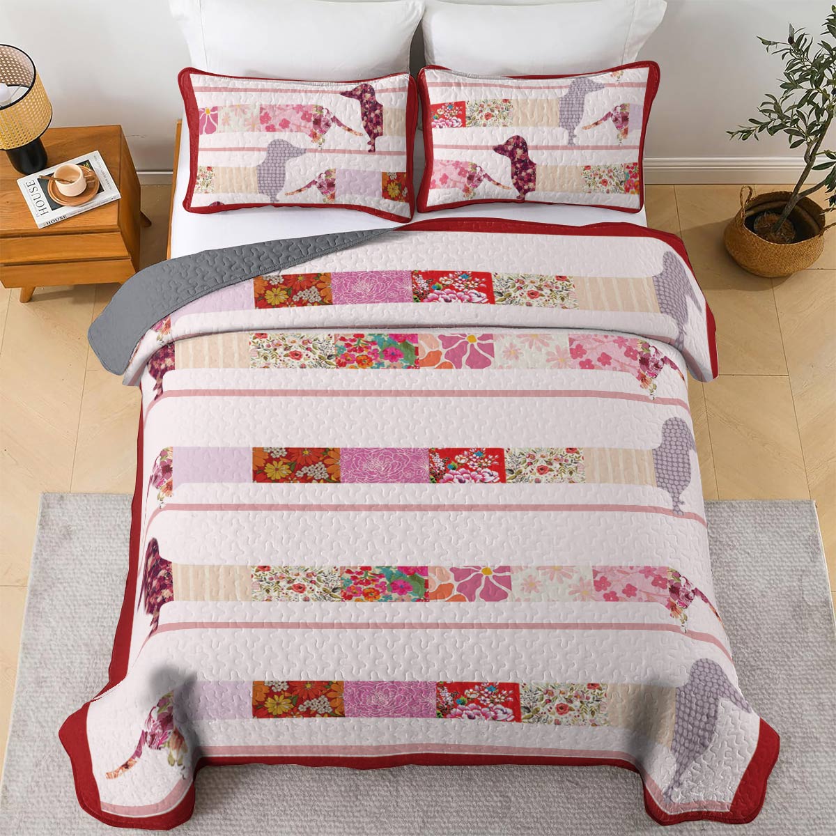 Shineful All Season Quilt 3-Piece Set Floral Dachshunds Ver2