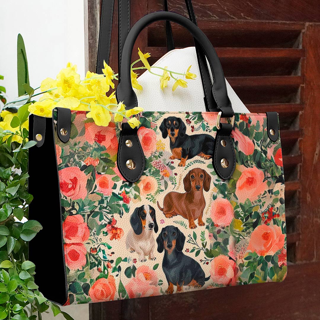 Dog Leather Bag Shineful Floral Dachshunds Ver2 Lk8 Black