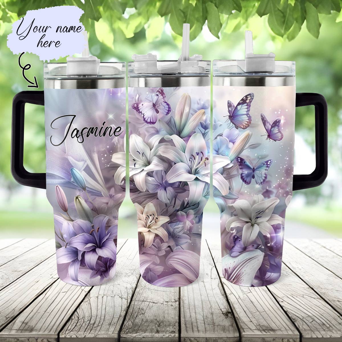 Shiny Tumbler Personalisierte Schmetterlinge in Lilie