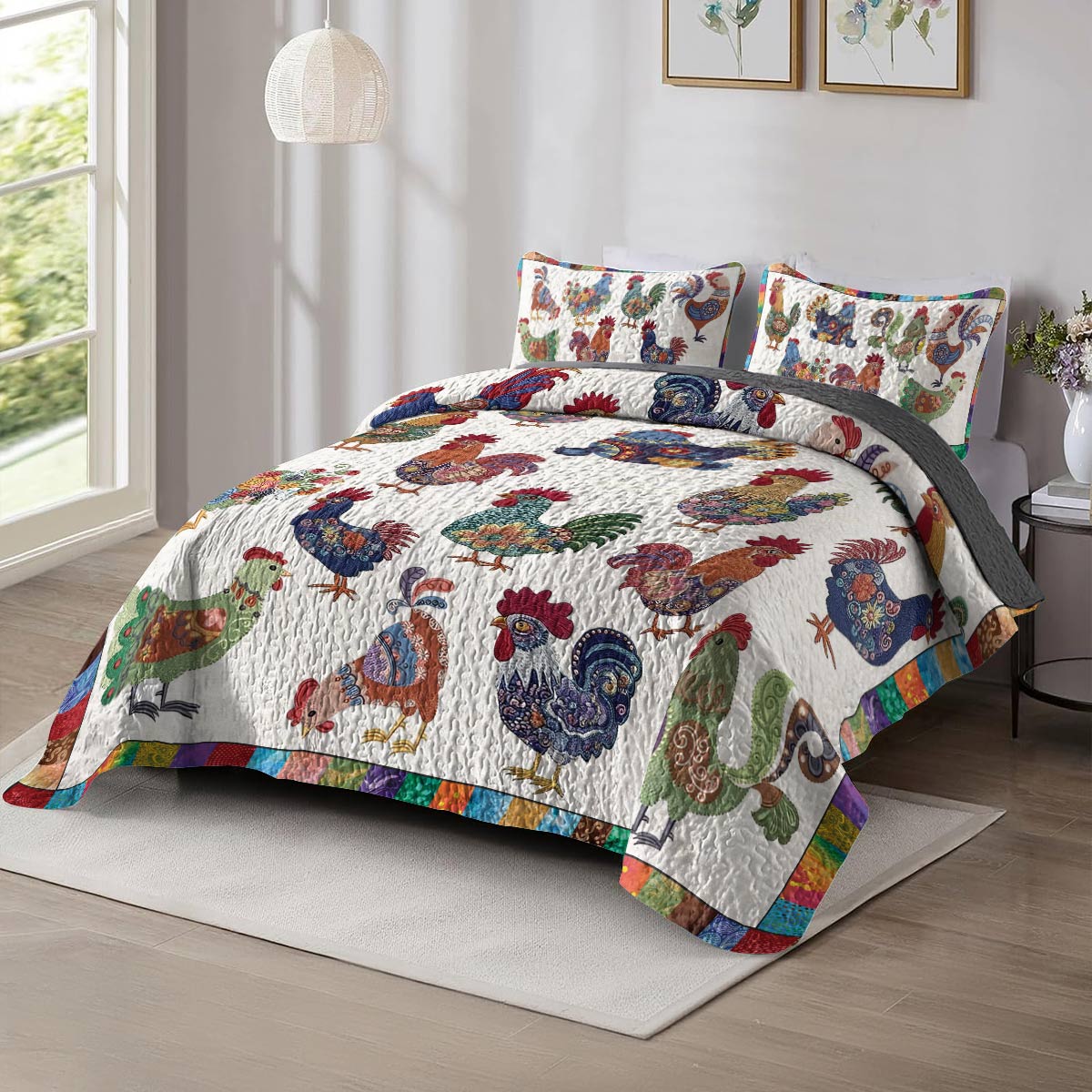 Shineful All Season Quilt 3-Piece Set Colorful Chickens