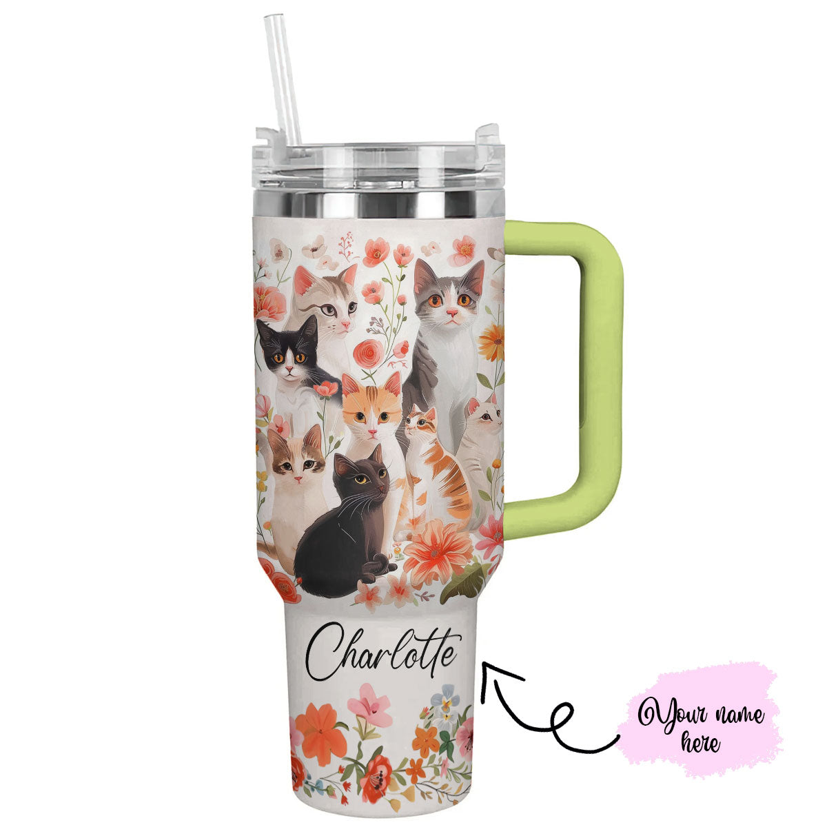 Cat 40 Oz Personalized Shineful™ Tumbler Floral Cats Lk8 Green 40Oz