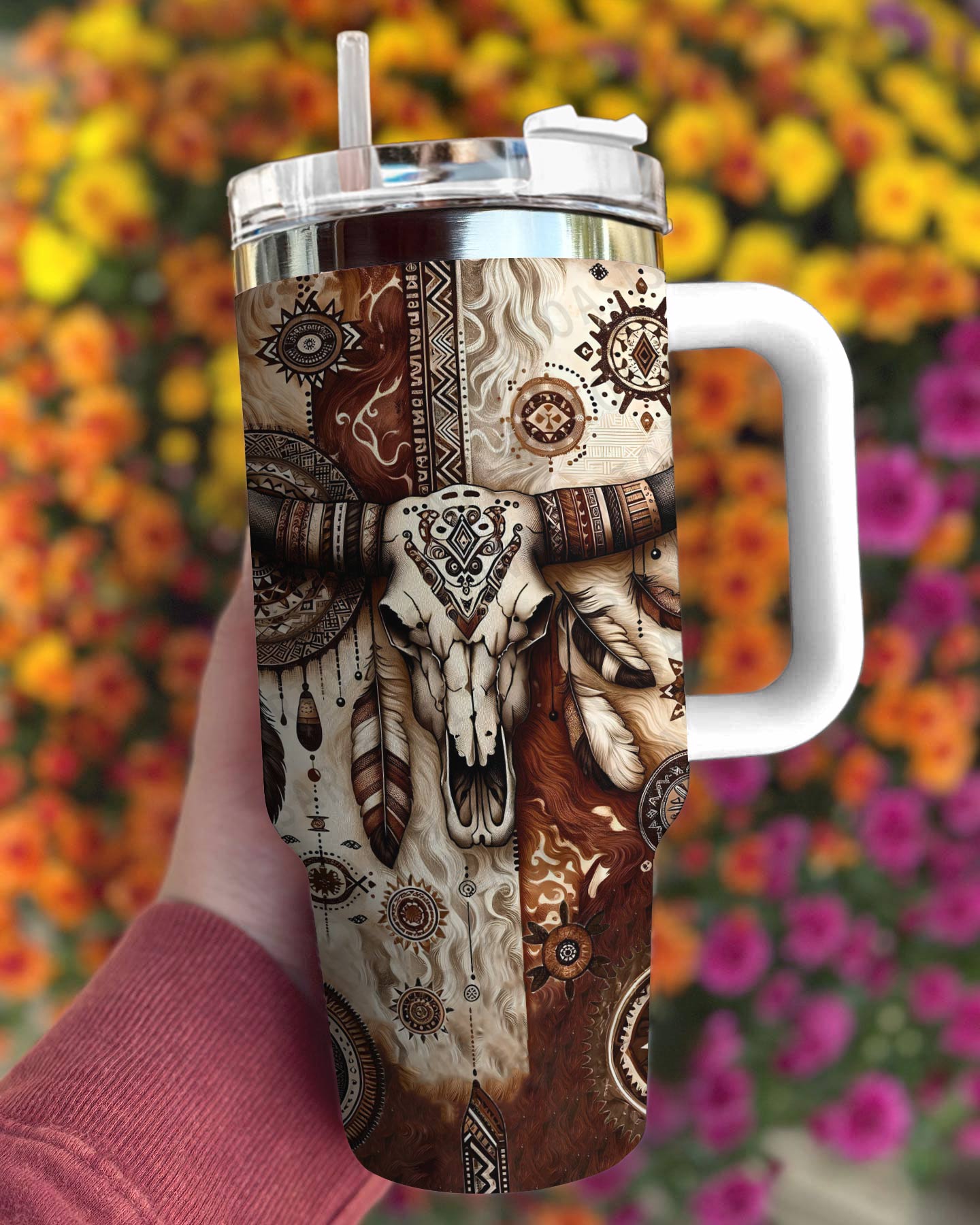 Cow 40 Oz Shineful™ Tumbler Boho Skull Lk8 White 40Oz