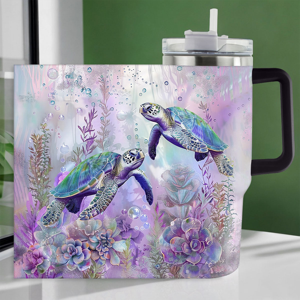 Verre brillant Tortues de mer violettes Ver2