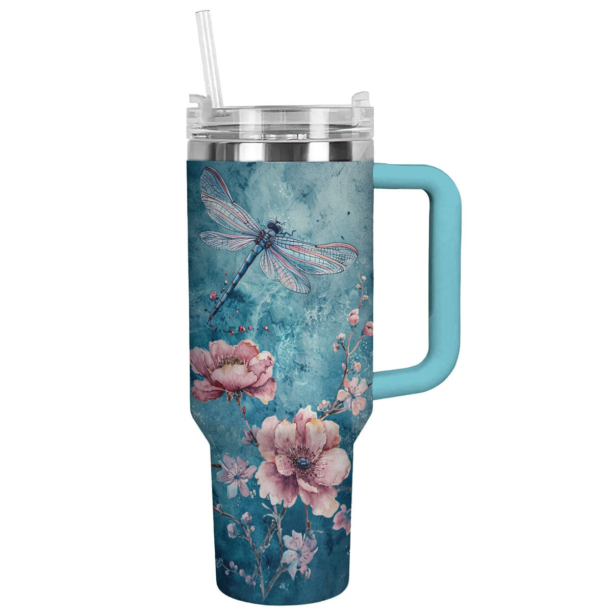 Glänzender Becher mit Blumenmotiv, Libelle