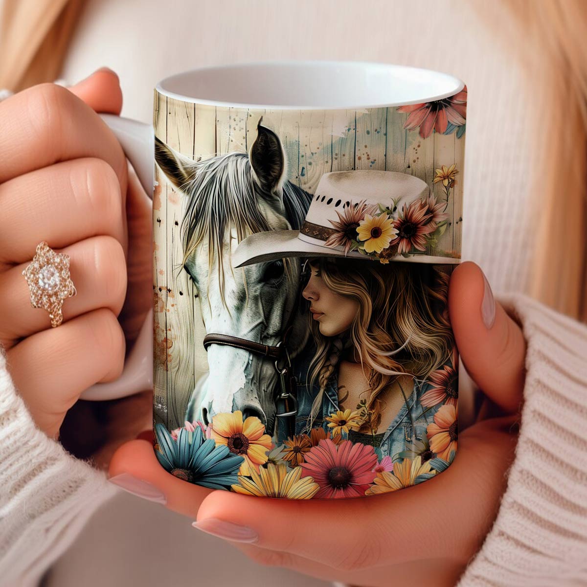 Tasse en céramique brillante fille avec cheval