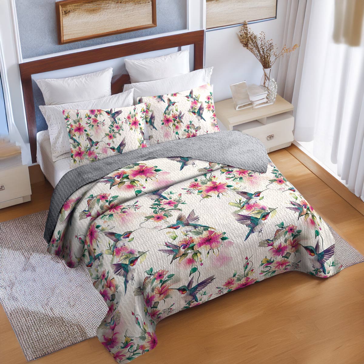 Shineful All Season Quilt 3-Piece Set Floral Hummingbirds