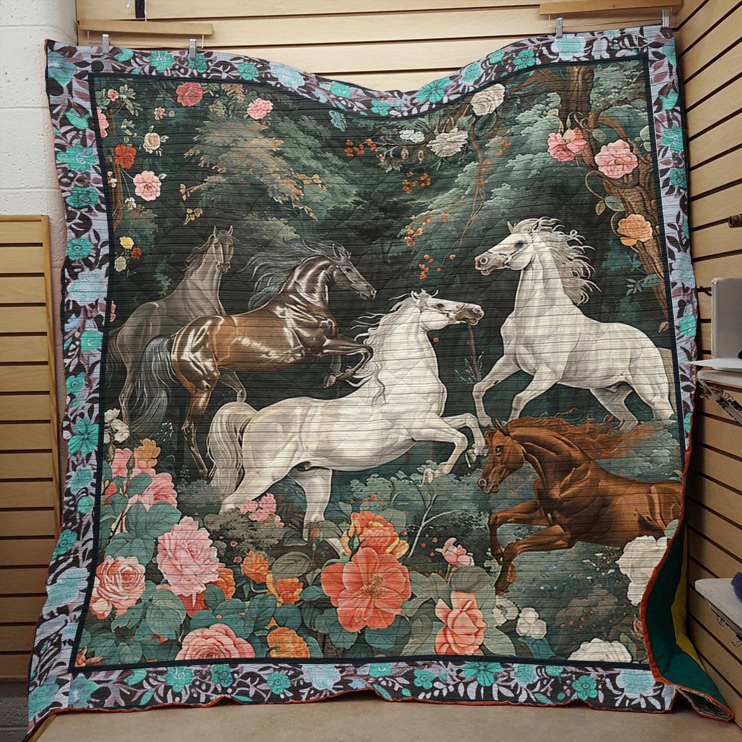 Shineful All Season Faux Quilt Floral Horses