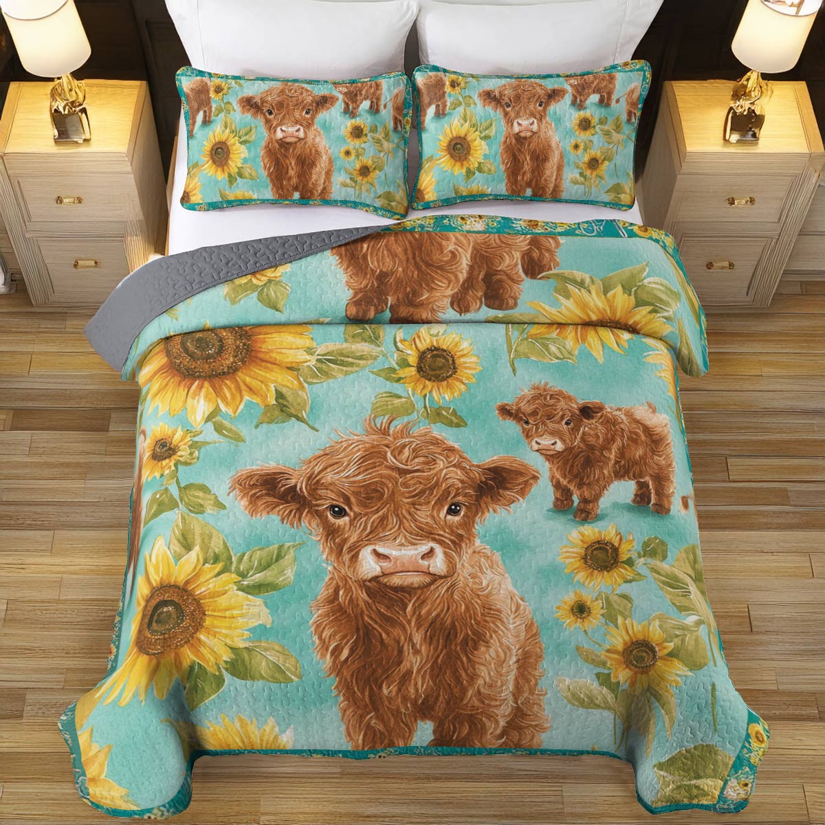 Ensemble de courtepointe toutes saisons Shineful 3 pièces Motif vache tournesol