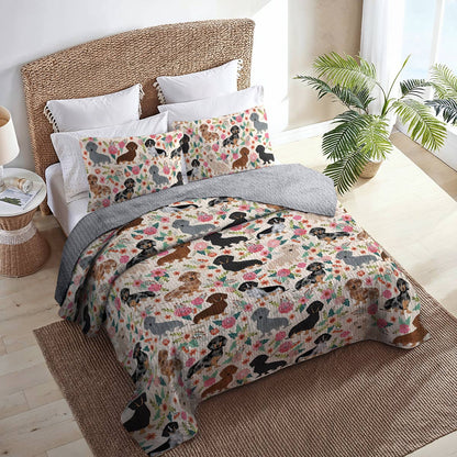 Shineful All Season Quilt 3-Piece Set Floral Dachshunds Ver3