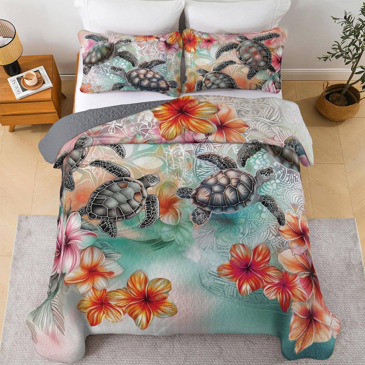 Shineful All Season Quilt 3-Piece Set Hibiscus Sea Turtles