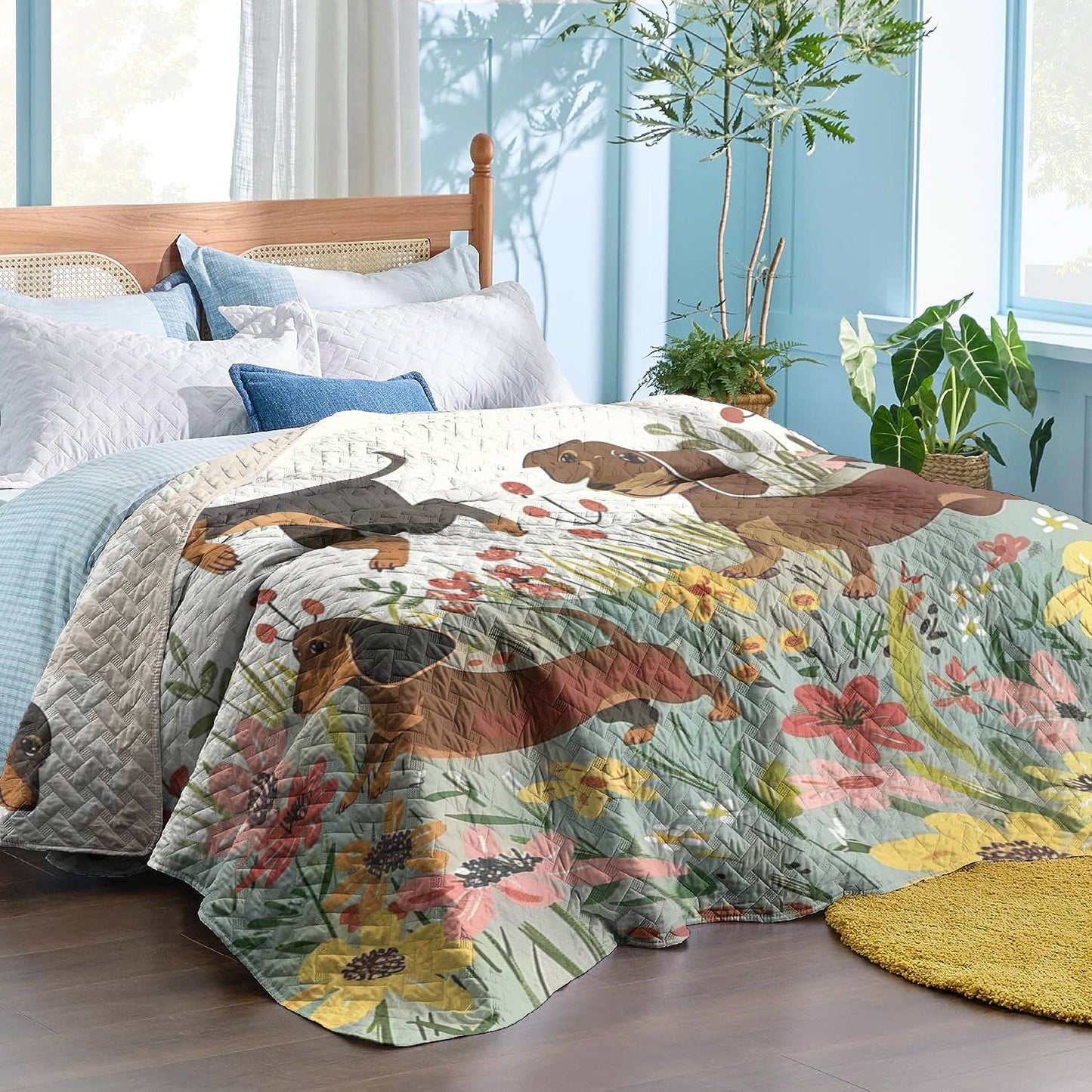 Shineful Flat Print Faux Quilt Blanket Dachshund Delight