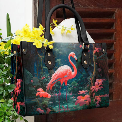 Shineful Leather Bag Flamingo with Hibiscus