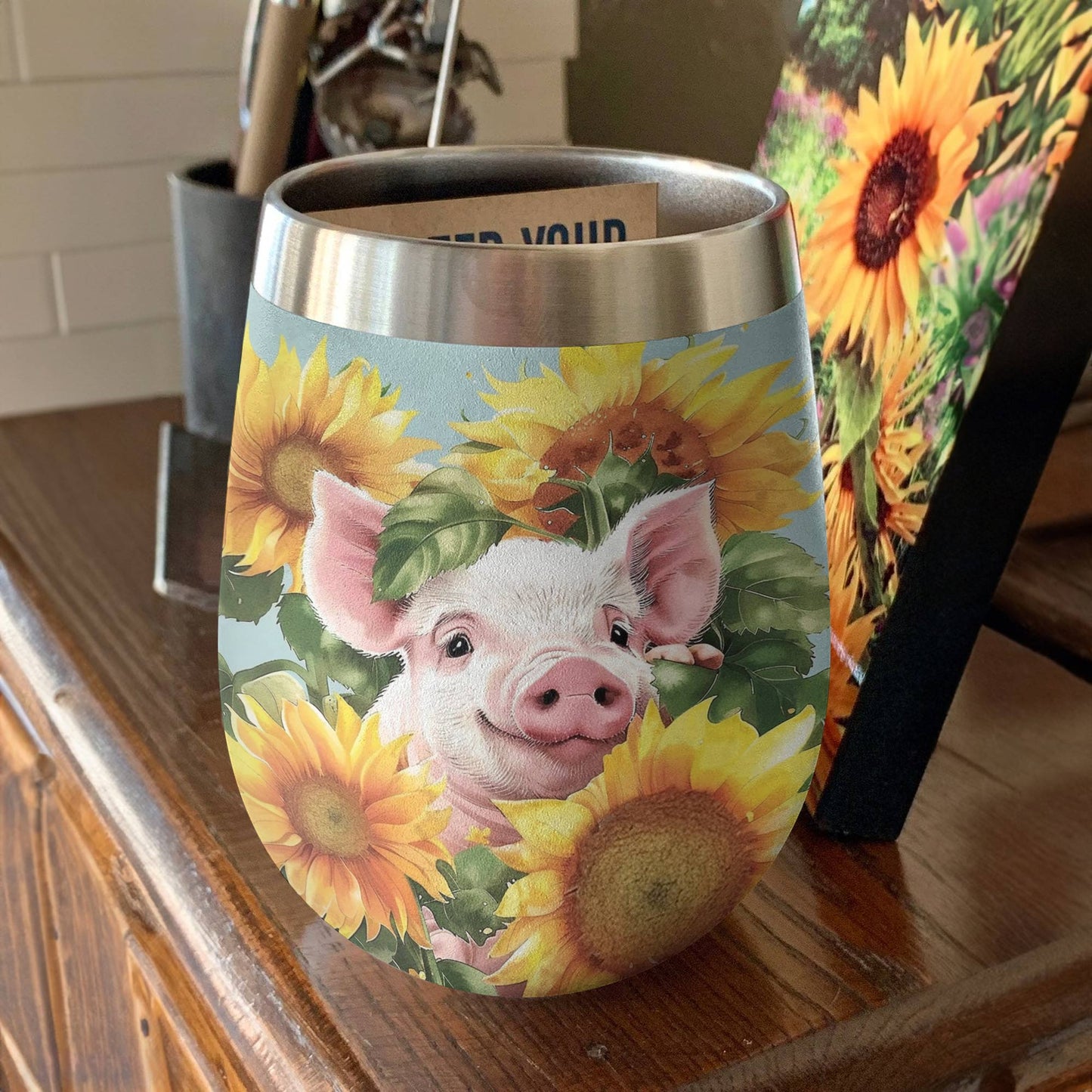 Shineful Wine Tumbler Pig In Sunflowers