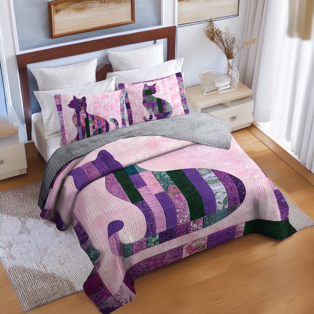 Shineful All Season Quilt 3-Piece Set Purple Cat