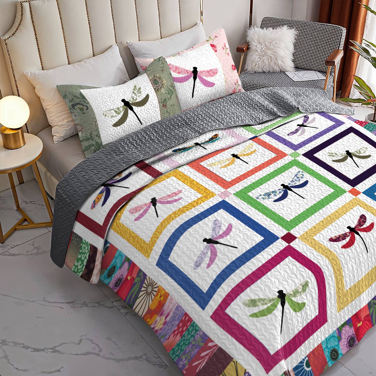 Shineful All Season Quilt 3-Piece Set Colorful Dragonflies