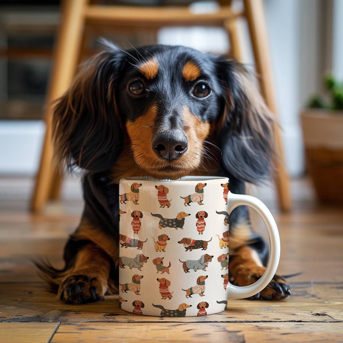 Tasse en céramique brillante avec de jolis teckels