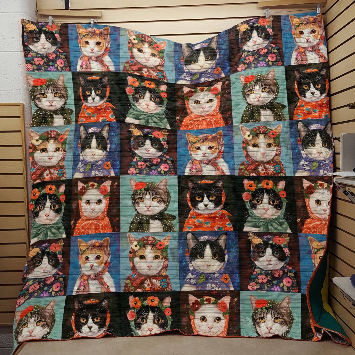 Shineful Flat Print Faux Quilt Blanket Vintage Cats