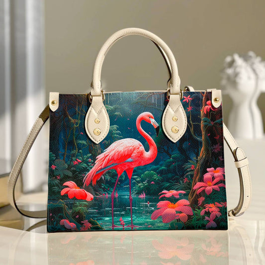 Sac en cuir brillant Flamant rose avec hibiscus