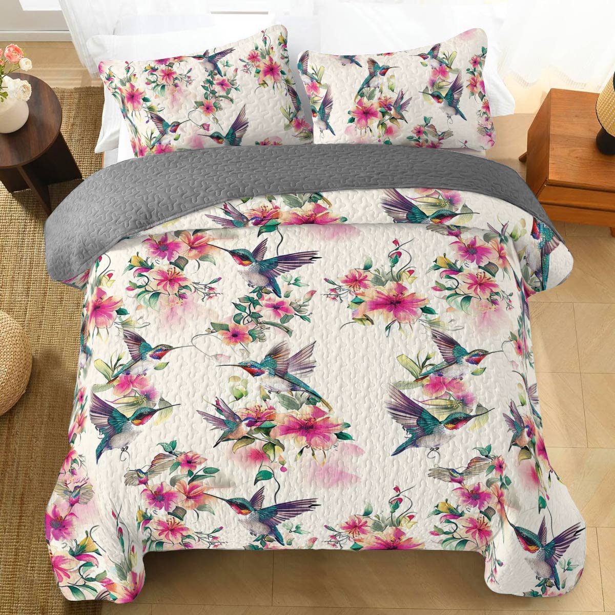 Shineful All Season Quilt 3-Piece Set Floral Hummingbirds