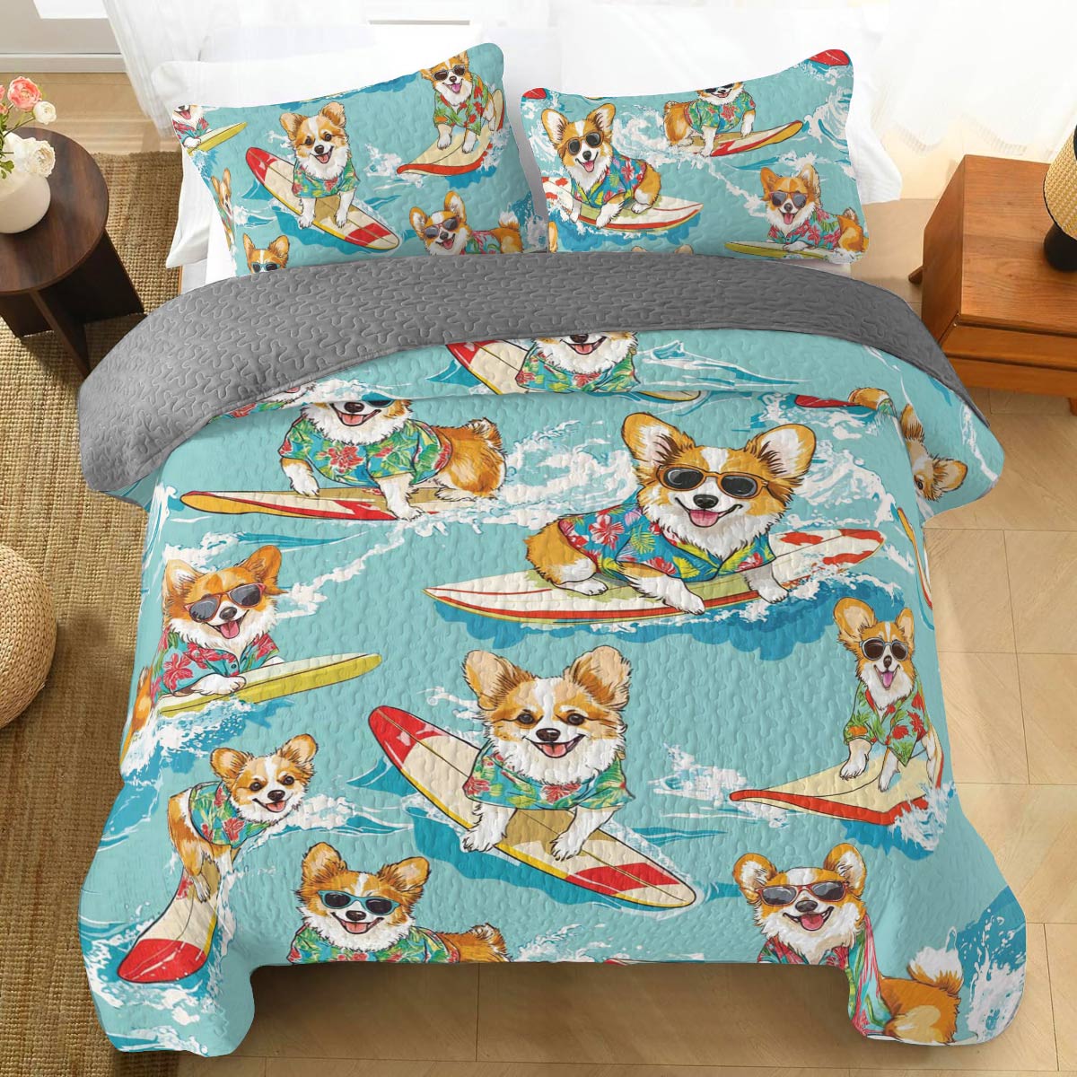 Shineful All Season Quilt 3-Piece Set Swimming Corgis