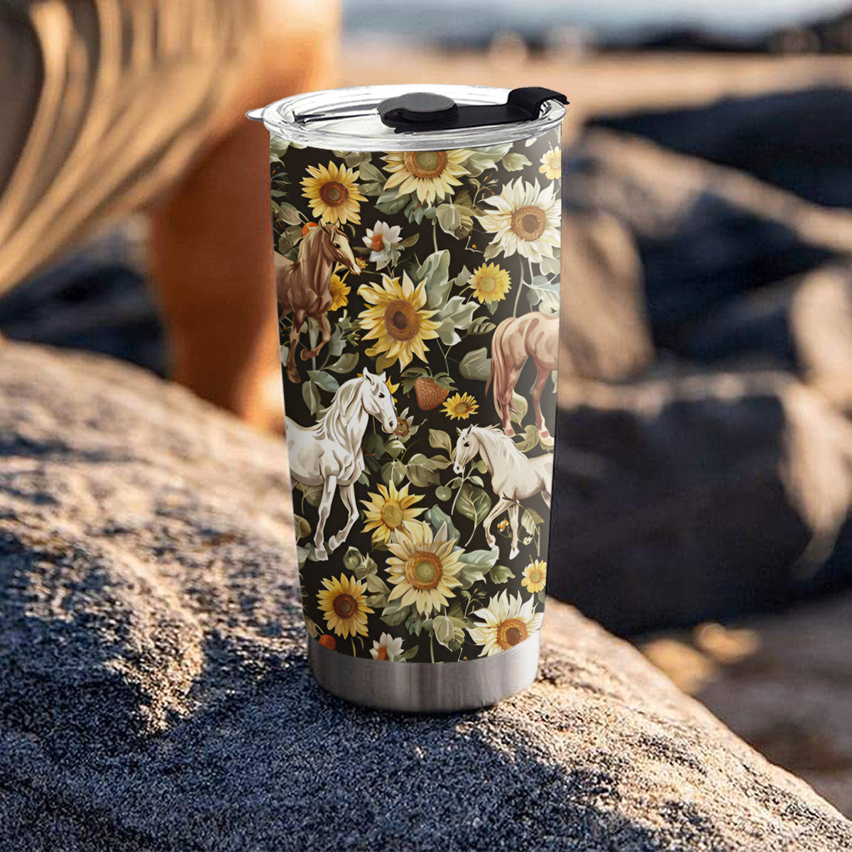 Glänzender 20oz Becher mit Sonnenblumenpferden