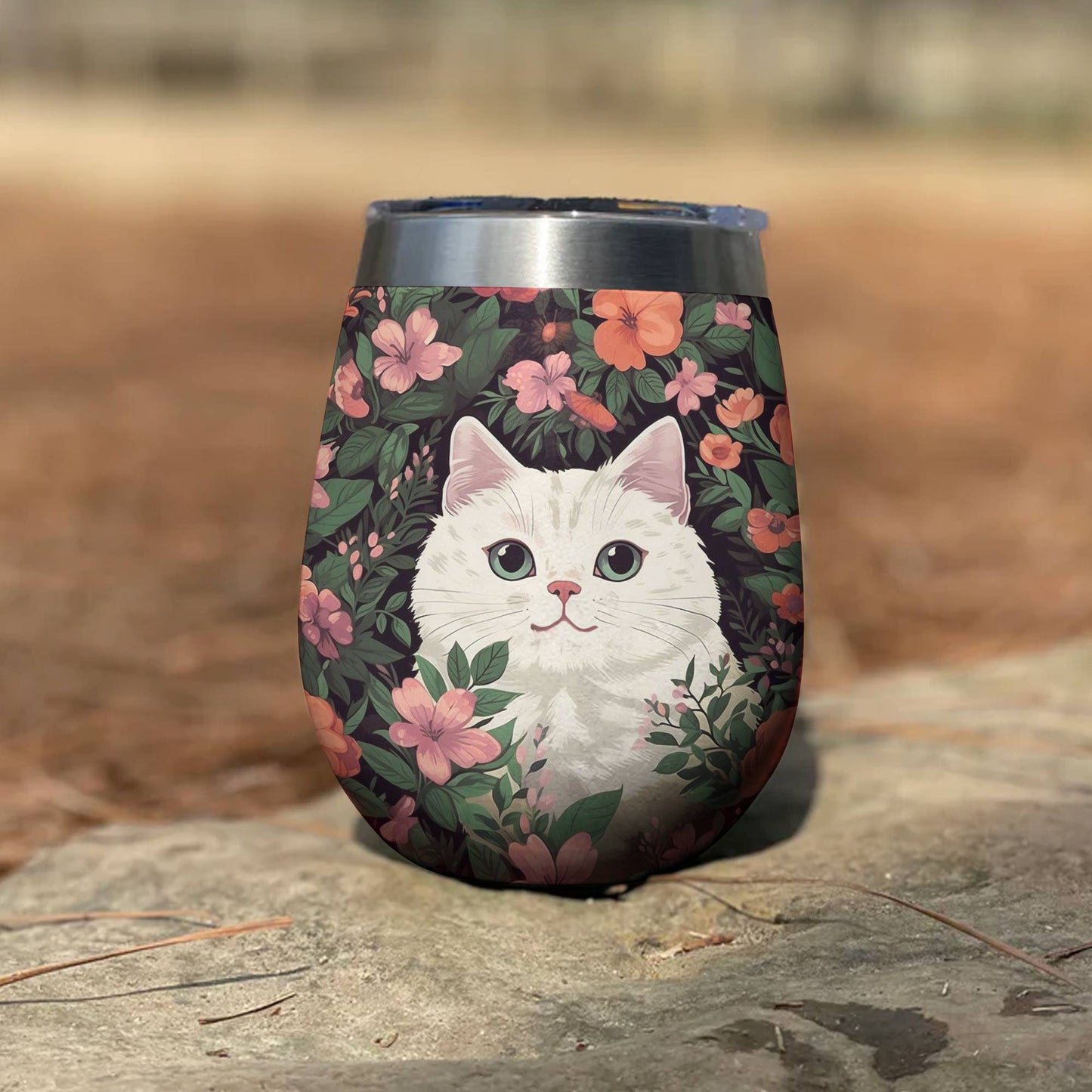 Verre à vin Shineful à motif floral et chat