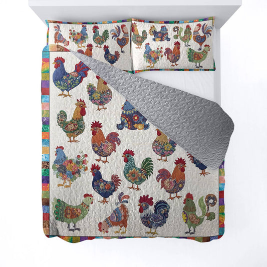 Shineful All Season Quilt 3-Piece Set Colorful Chickens