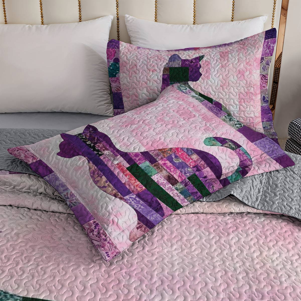 Shineful All Season Quilt 3-Piece Set Purple Cat