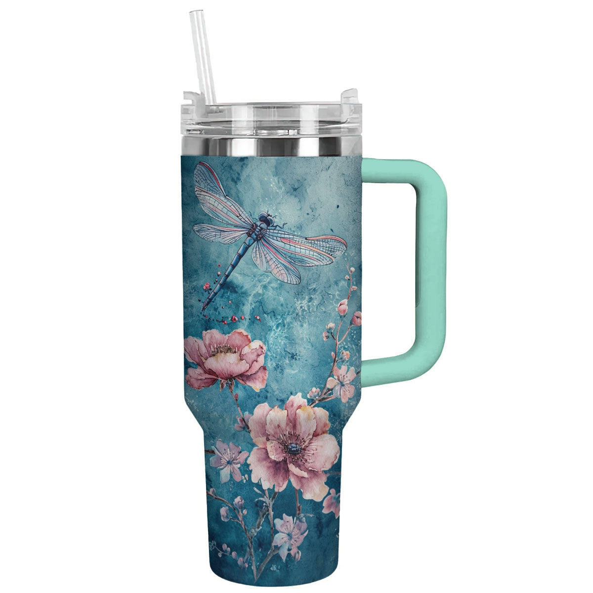 Glänzender Becher mit Blumenmotiv, Libelle