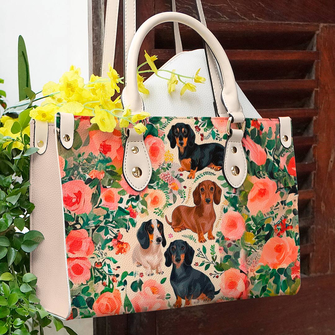 Dog Leather Bag Shineful Floral Dachshunds Ver2 Lk8 Creamy White