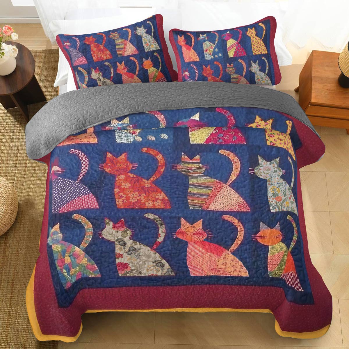 Shineful All Season Quilt 3-Piece Set Cat Friends