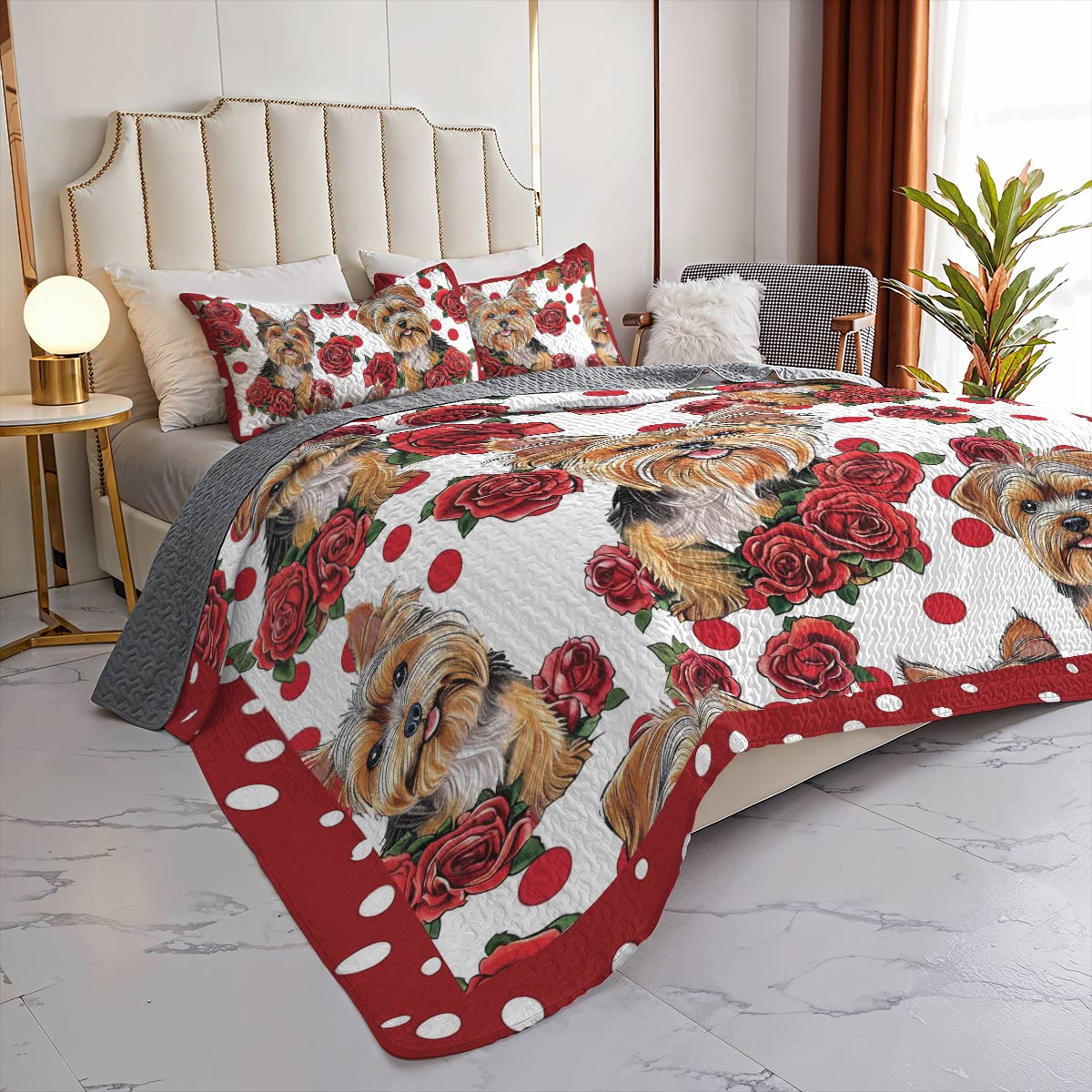 Shineful All Season Quilt 3-Piece Set Rose Yorkie Ver2