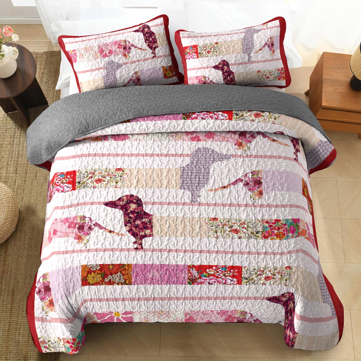 Shineful All Season Quilt 3-Piece Set Floral Dachshunds