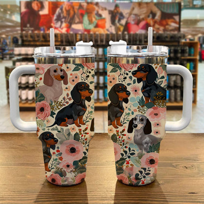 Dog 40 Oz Shineful™ Tumbler Floral Dachshunds Ver2 Lk8 White 40Oz