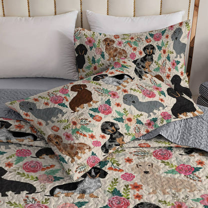 Shineful All Season Quilt 3-Piece Set Floral Dachshunds Ver3