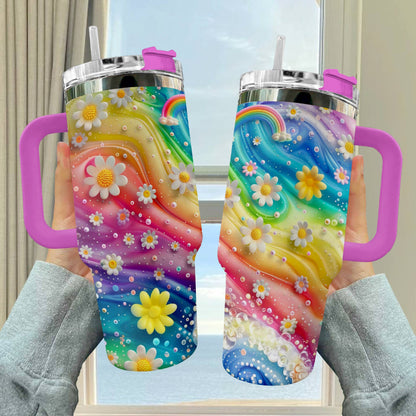 Glänzender, glänzender Becher mit Regenbogen-Gänseblümchen