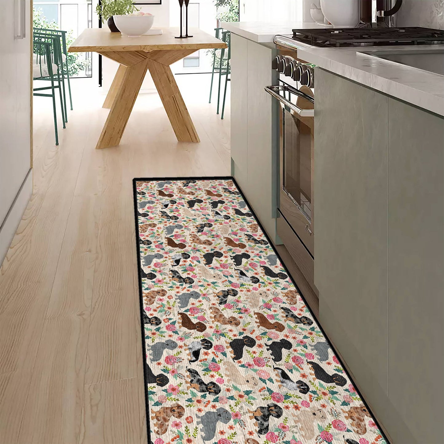 Shineful Ultra-Thin Non Skid Floor Mat, Kitchen Rugs Floral Dachshunds